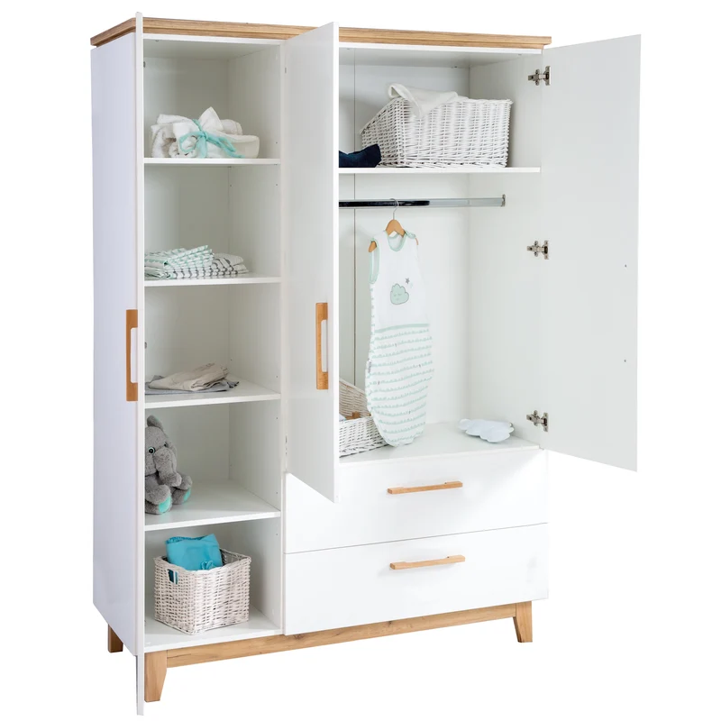 Zimmerset "Finn" – inkl. Kombi-Bett 70 x 140 cm, Wickelkommode & 3-türigem Schrank, weiß/ Goldeiche