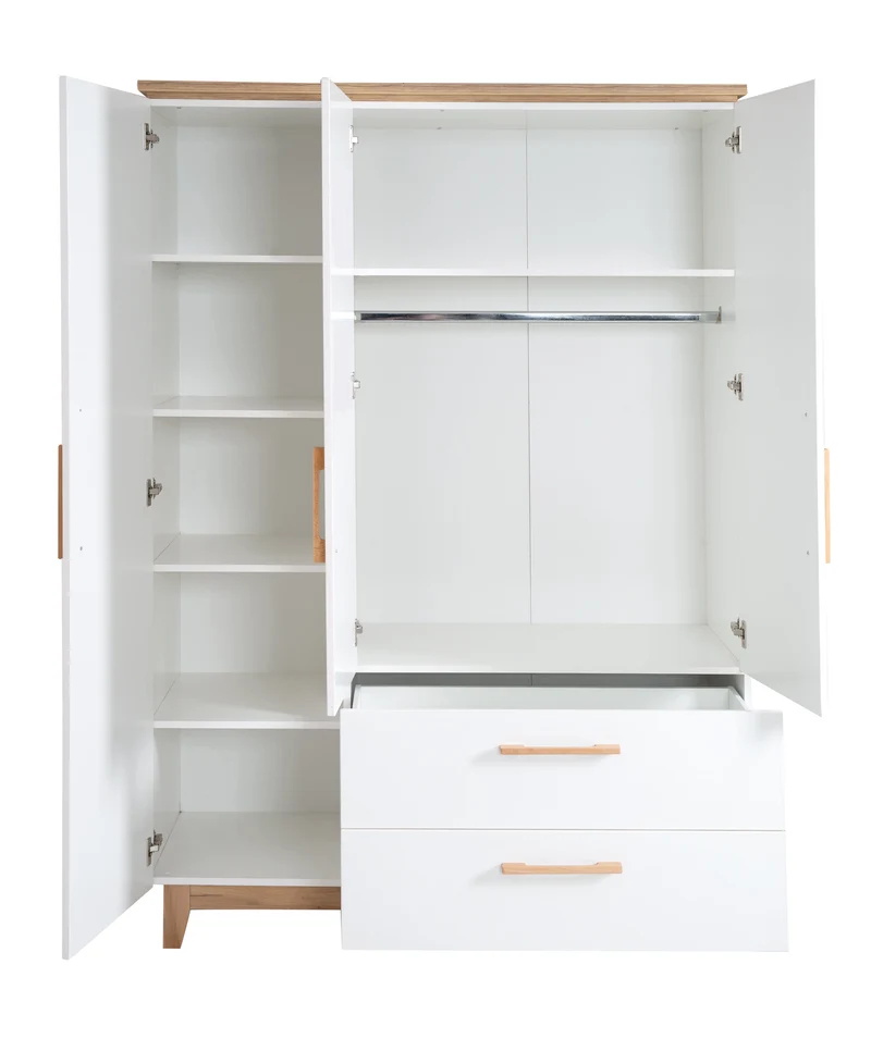Zimmerset "Finn" – inkl. Kombi-Bett 70 x 140 cm, Wickelkommode & 3-türigem Schrank, weiß/ Goldeiche