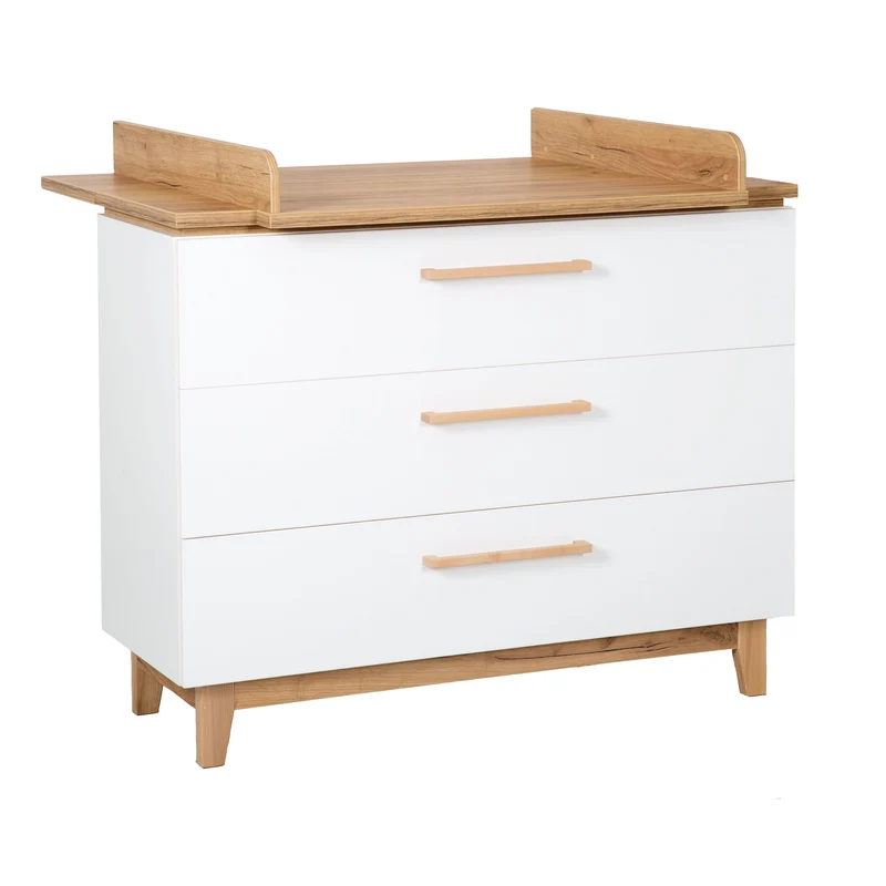 Zimmerset "Finn" – inkl. Kombi-Bett 70 x 140 cm, Wickelkommode & 3-türigem Schrank, weiß/ Goldeiche