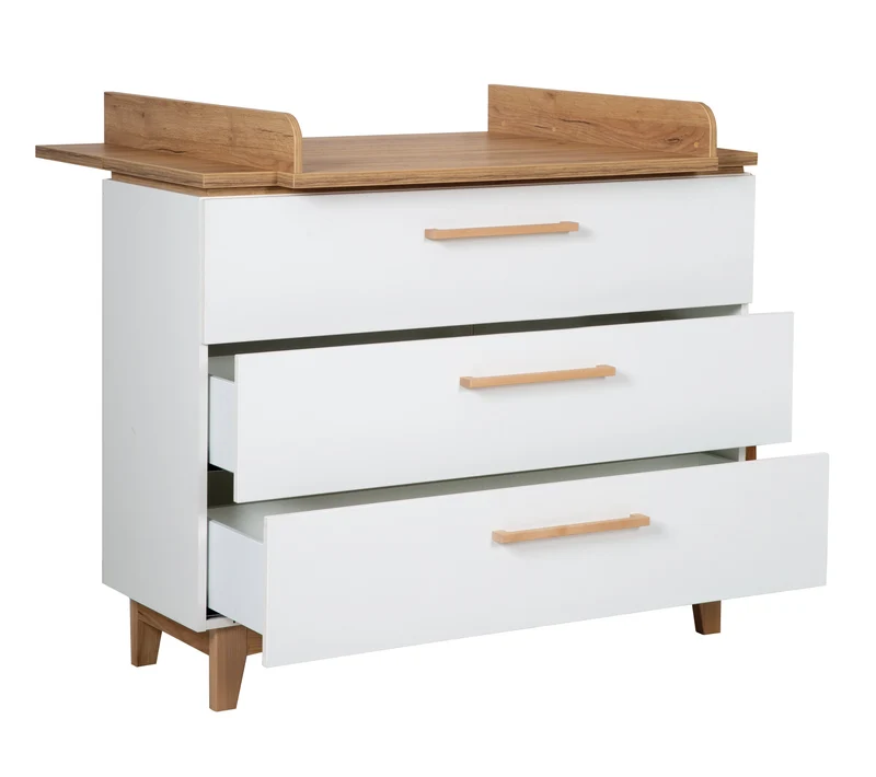 Zimmerset "Finn" – inkl. Kombi-Bett 70 x 140 cm, Wickelkommode & 3-türigem Schrank, weiß/ Goldeiche