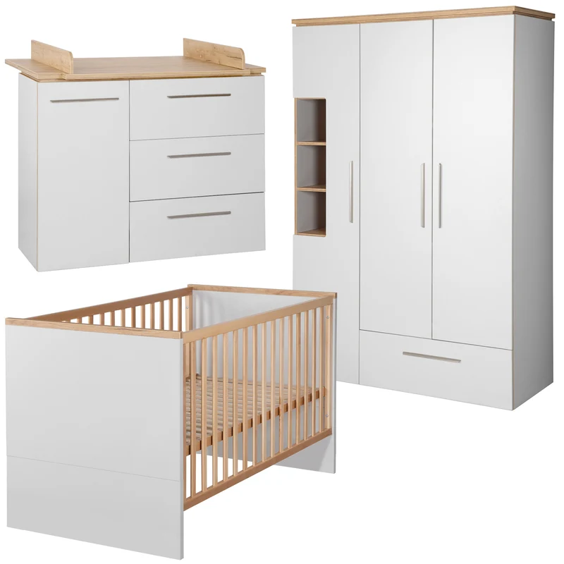 Zimmerset "Tobi" – inkl. Kombi-Bett 70 x 140 cm, Wickelkommode & 3-türigem Schrank, Lichtgrau/Goldeiche