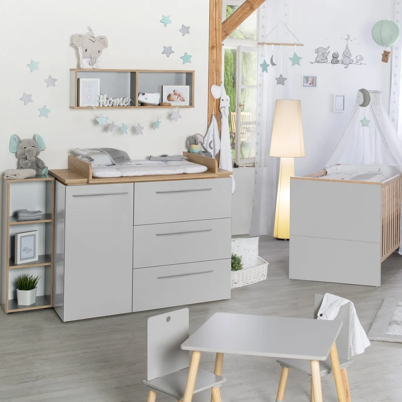 Zimmerset "Tobi" – inkl. Kombi-Bett 70 x 140 cm, Wickelkommode & 3-türigem Schrank, Lichtgrau/Goldeiche