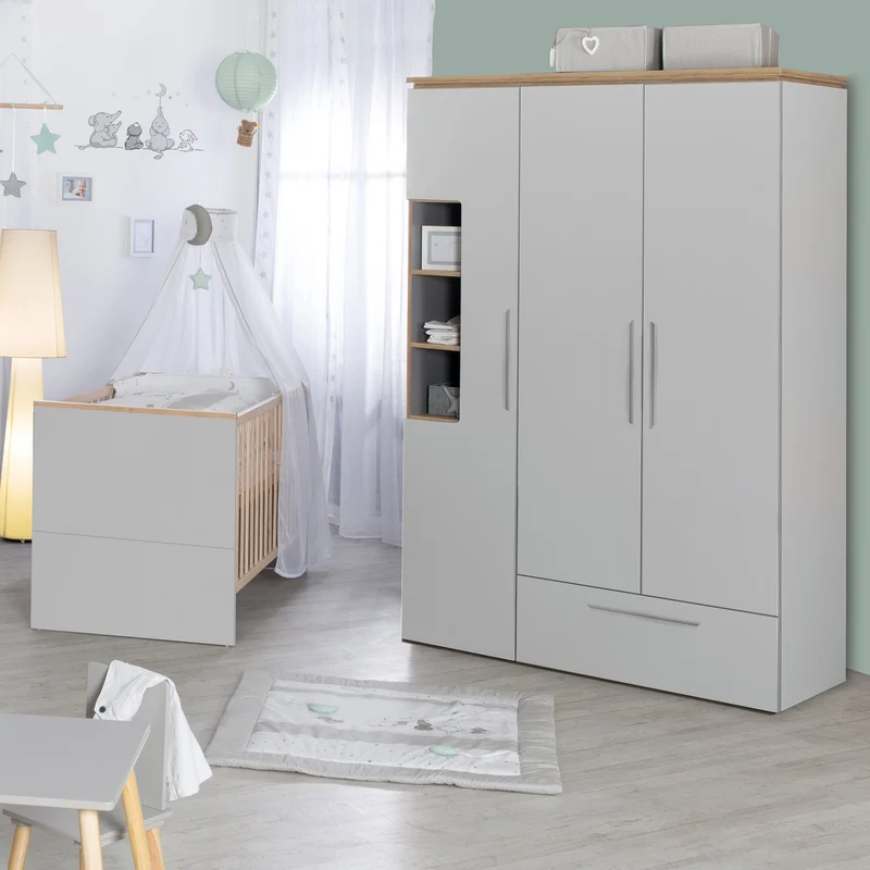 Zimmerset "Tobi" – inkl. Kombi-Bett 70 x 140 cm, Wickelkommode & 3-türigem Schrank, Lichtgrau/Goldeiche