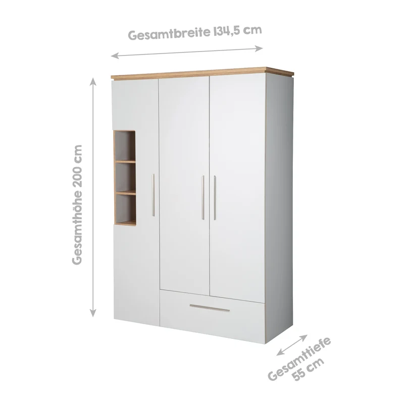 Zimmerset "Tobi" – inkl. Kombi-Bett 70 x 140 cm, Wickelkommode & 3-türigem Schrank, Lichtgrau/Goldeiche