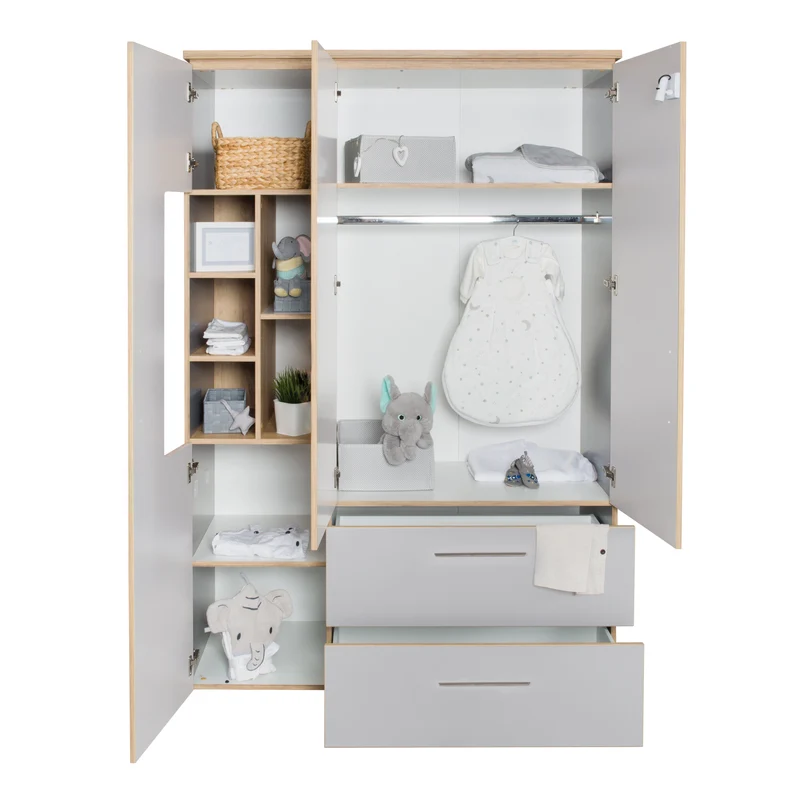 Zimmerset "Tobi" – inkl. Kombi-Bett 70 x 140 cm, Wickelkommode & 3-türigem Schrank, Lichtgrau/Goldeiche