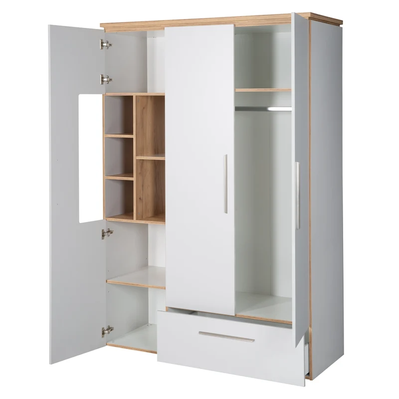 Zimmerset "Tobi" – inkl. Kombi-Bett 70 x 140 cm, Wickelkommode & 3-türigem Schrank, Lichtgrau/Goldeiche