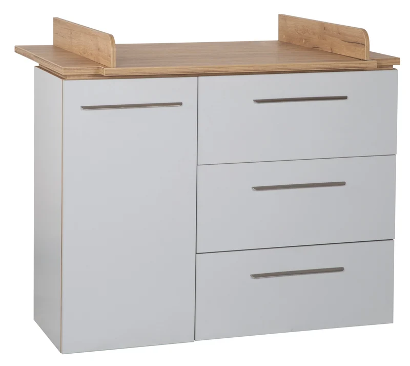 Zimmerset "Tobi" – inkl. Kombi-Bett 70 x 140 cm, Wickelkommode & 3-türigem Schrank, Lichtgrau/Goldeiche