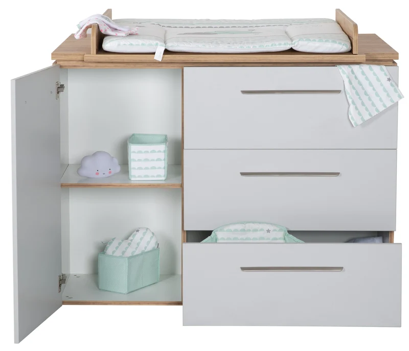 Zimmerset "Tobi" – inkl. Kombi-Bett 70 x 140 cm, Wickelkommode & 3-türigem Schrank, Lichtgrau/Goldeiche