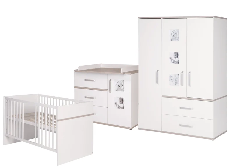 Kindermöbelset "Moritz" – 3-teilig, mit Kinderbett 70 x 140 cm, Wickelkommode breit & Schrank, weiß