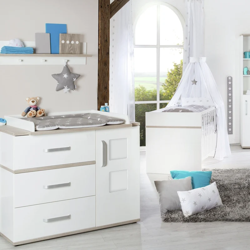 Kindermöbelset "Moritz" – 3-teilig, mit Kinderbett 70 x 140 cm, Wickelkommode breit & Schrank, weiß