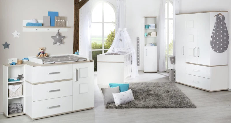 Kindermöbelset "Moritz" – 3-teilig, mit Kinderbett 70 x 140 cm, Wickelkommode breit & Schrank, weiß