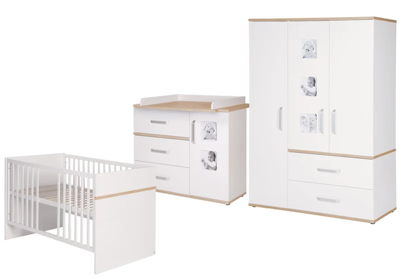 Kindermöbelset "Pia" – 3-teilig, inkl. Babybett 70 x 140 cm, Wickelkommode & Kleiderschrank, weiß