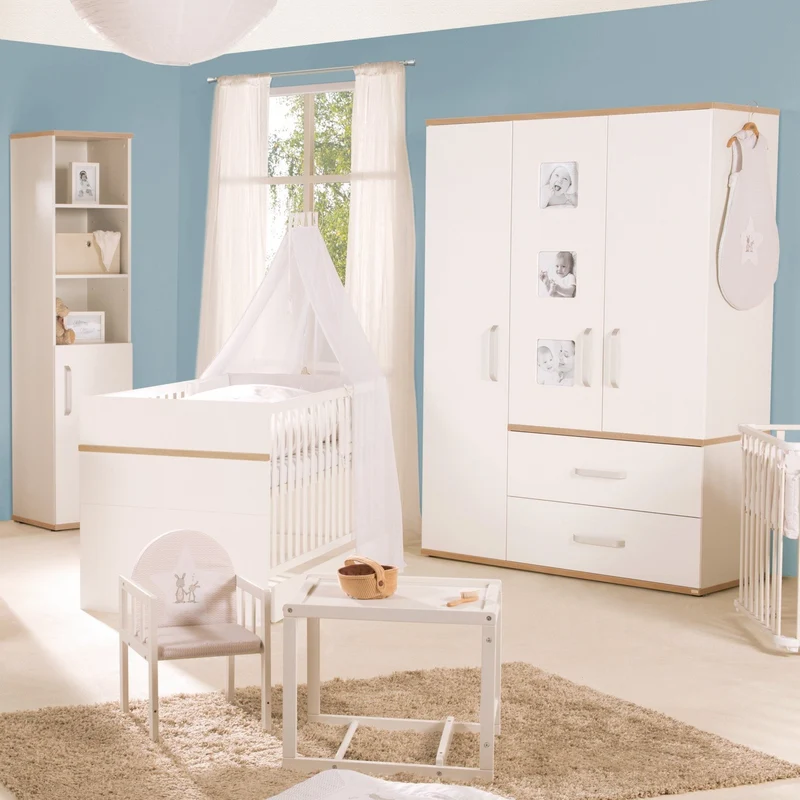 Kindermöbelset "Pia" – 3-teilig, inkl. Babybett 70 x 140 cm, Wickelkommode & Kleiderschrank, weiß