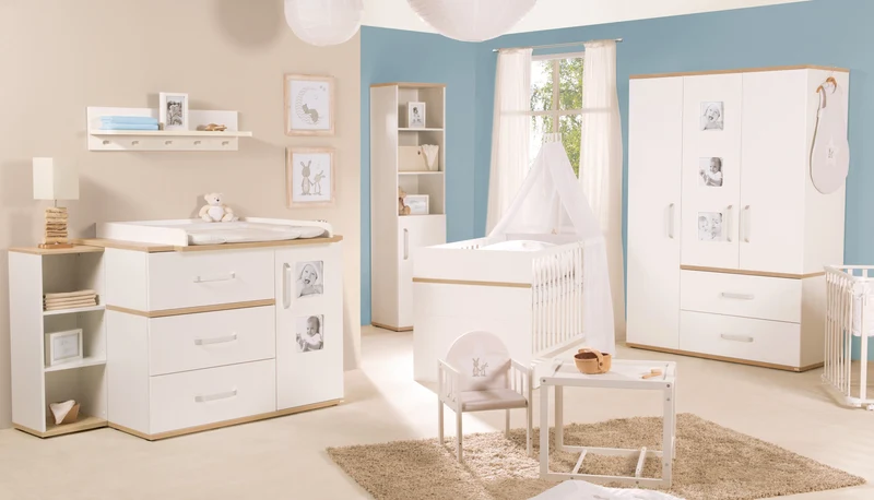 Kindermöbelset "Pia" – 3-teilig, inkl. Babybett 70 x 140 cm, Wickelkommode & Kleiderschrank, weiß