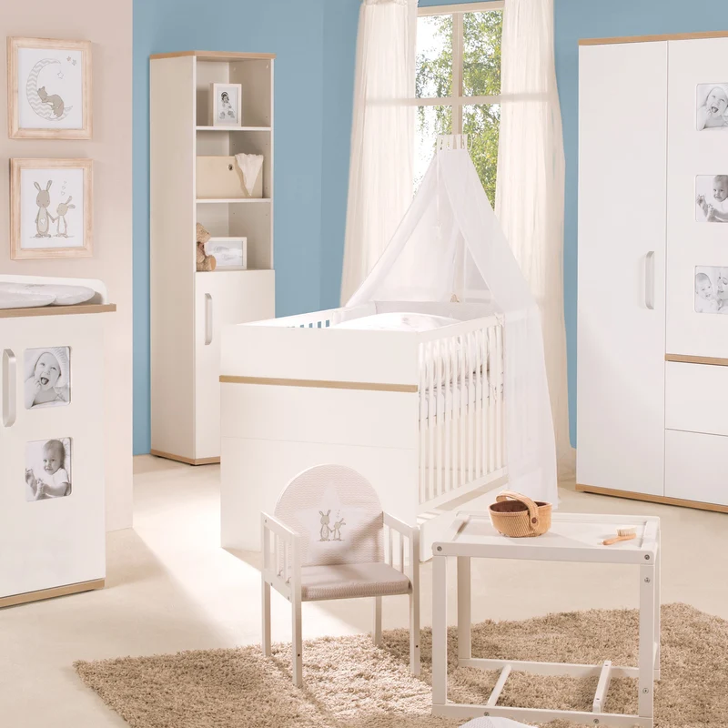 Kindermöbelset "Pia" – 3-teilig, inkl. Babybett 70 x 140 cm, Wickelkommode & Kleiderschrank, weiß