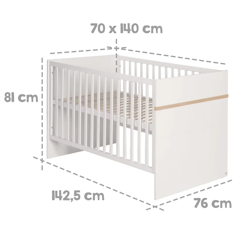 Kindermöbelset "Pia" – 3-teilig, inkl. Babybett 70 x 140 cm, Wickelkommode & Kleiderschrank, weiß
