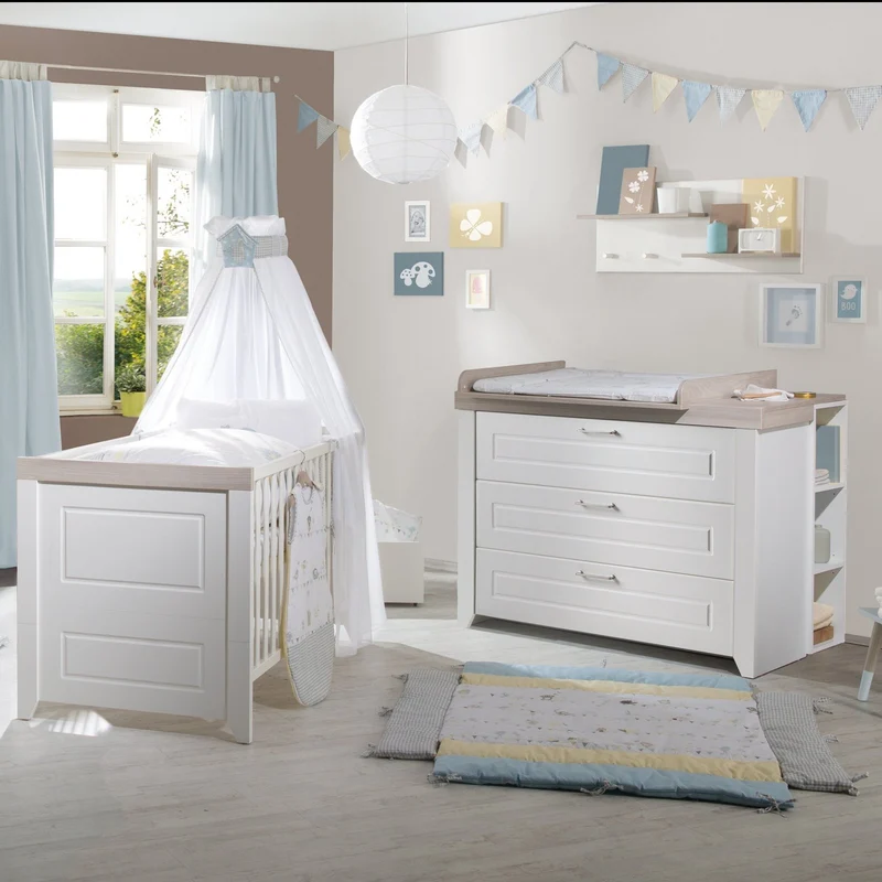 Zimmerset "Felicia" – inkl. Kombi-Bett 70 x 140 cm, Wickelkommode & 3-türigem Schrank, Luna Elm / weiß