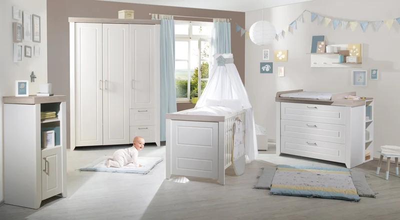 Zimmerset "Felicia" – inkl. Kombi-Bett 70 x 140 cm, Wickelkommode & 3-türigem Schrank, Luna Elm / weiß