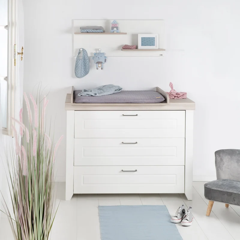 Zimmerset "Felicia" – inkl. Kombi-Bett 70 x 140 cm, Wickelkommode & 3-türigem Schrank, Luna Elm / weiß
