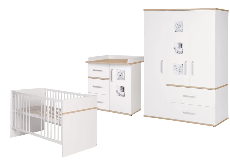 Kindermöbelset "Pia" – 3-teilig, inkl. Kinderbett 70 x 140 cm, Wickelkommode & Kleiderschrank, weiß