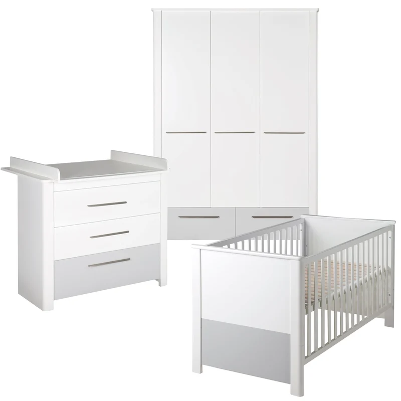 Zimmerset "Linus" – inkl. Kombi-Bett 70 x 140 cm, Wickelkommode & 3-türigem Schrank, weiß / grau