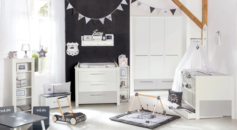 Zimmerset "Linus" – inkl. Kombi-Bett 70 x 140 cm, Wickelkommode & 3-türigem Schrank, weiß / grau