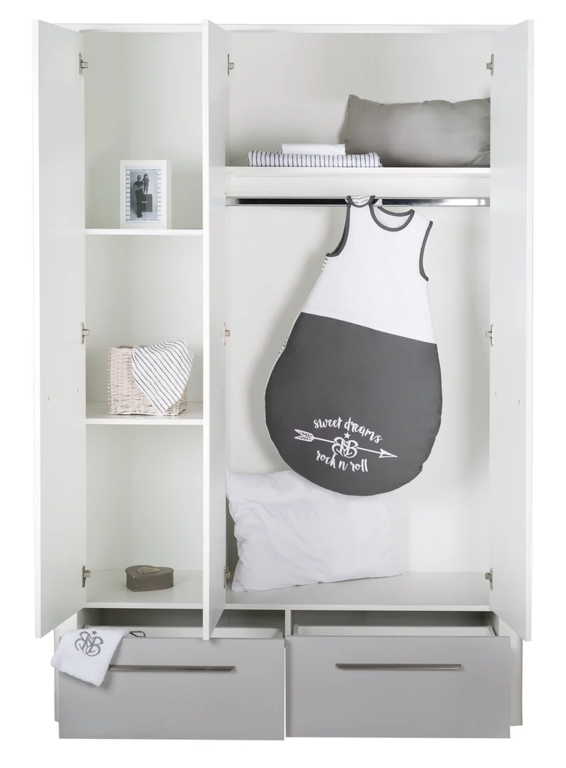 Zimmerset "Linus" – inkl. Kombi-Bett 70 x 140 cm, Wickelkommode & 3-türigem Schrank, weiß / grau
