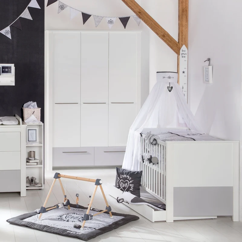 Zimmerset "Linus" – inkl. Kombi-Bett 70 x 140 cm, Wickelkommode & 3-türigem Schrank, weiß / grau