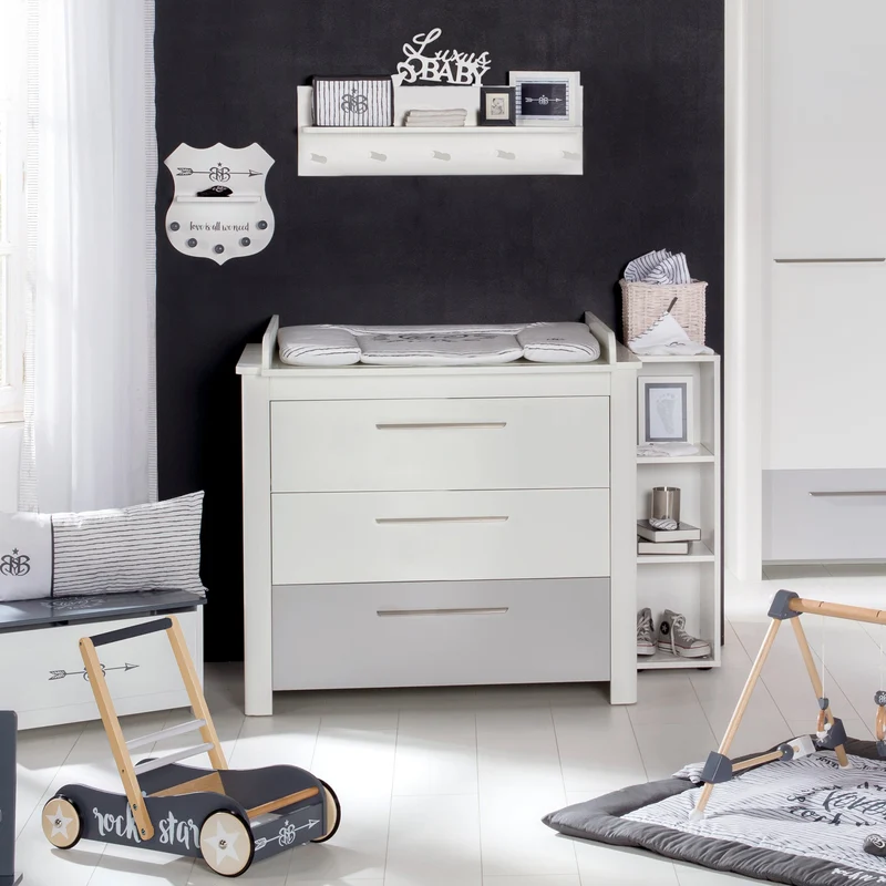 Zimmerset "Linus" – inkl. Kombi-Bett 70 x 140 cm, Wickelkommode & 3-türigem Schrank, weiß / grau