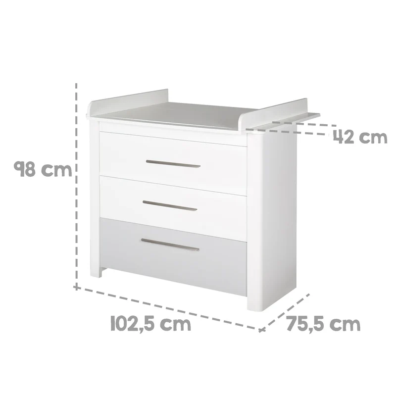 Zimmerset "Linus" – inkl. Kombi-Bett 70 x 140 cm, Wickelkommode & 3-türigem Schrank, weiß / grau