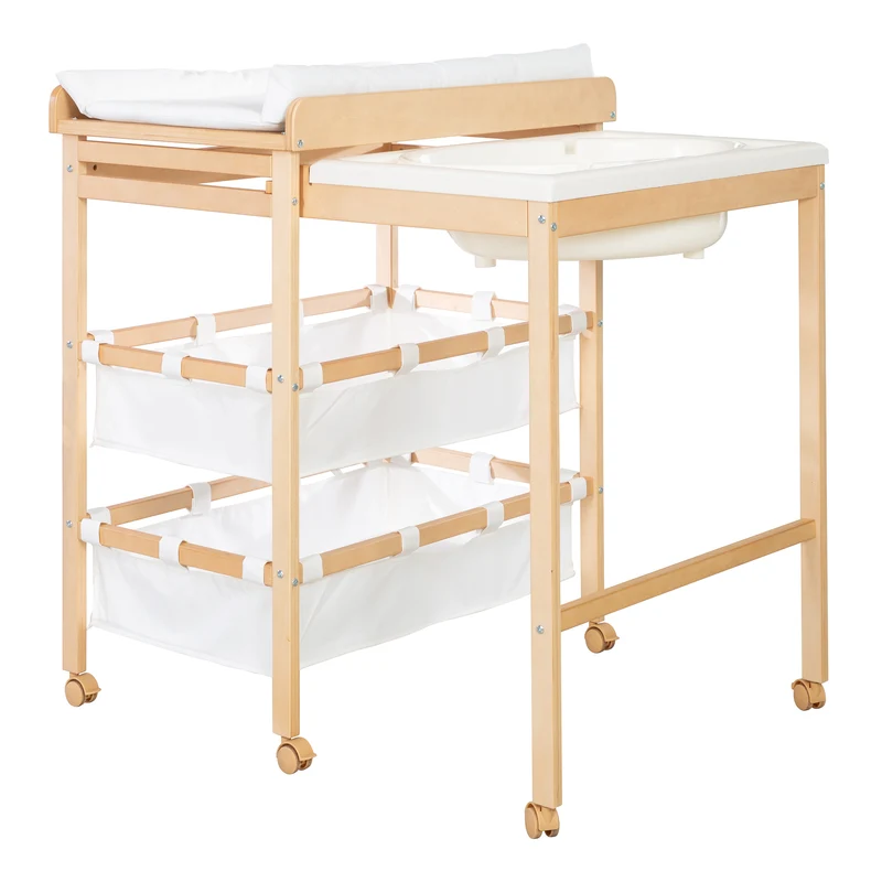 Bade-Wickel-Kombi 'Baby Pool', ausziehbar Tisch mit Badewanne, Holz natur, Auflage weiß
