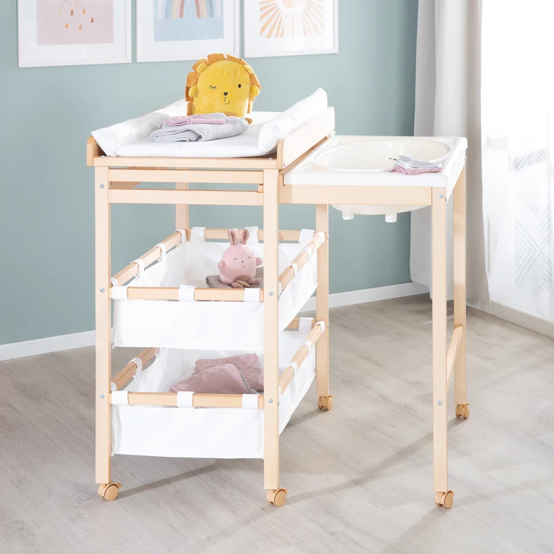 Bade-Wickel-Kombi 'Baby Pool', ausziehbar Tisch mit Badewanne, Holz natur, Auflage weiß