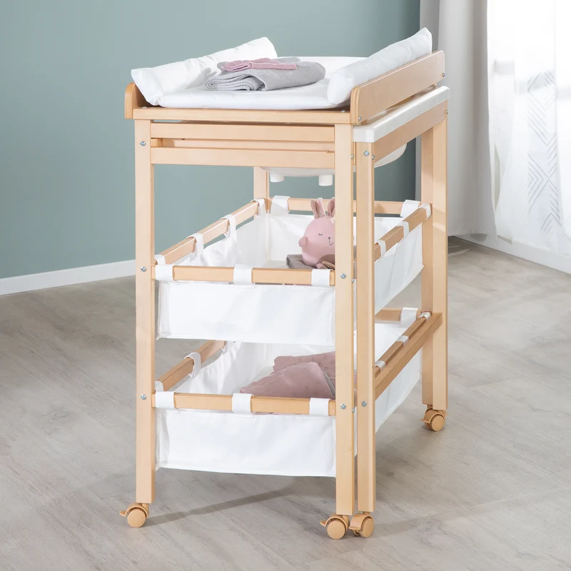 Bade-Wickel-Kombi 'Baby Pool', ausziehbar Tisch mit Badewanne, Holz natur, Auflage weiß