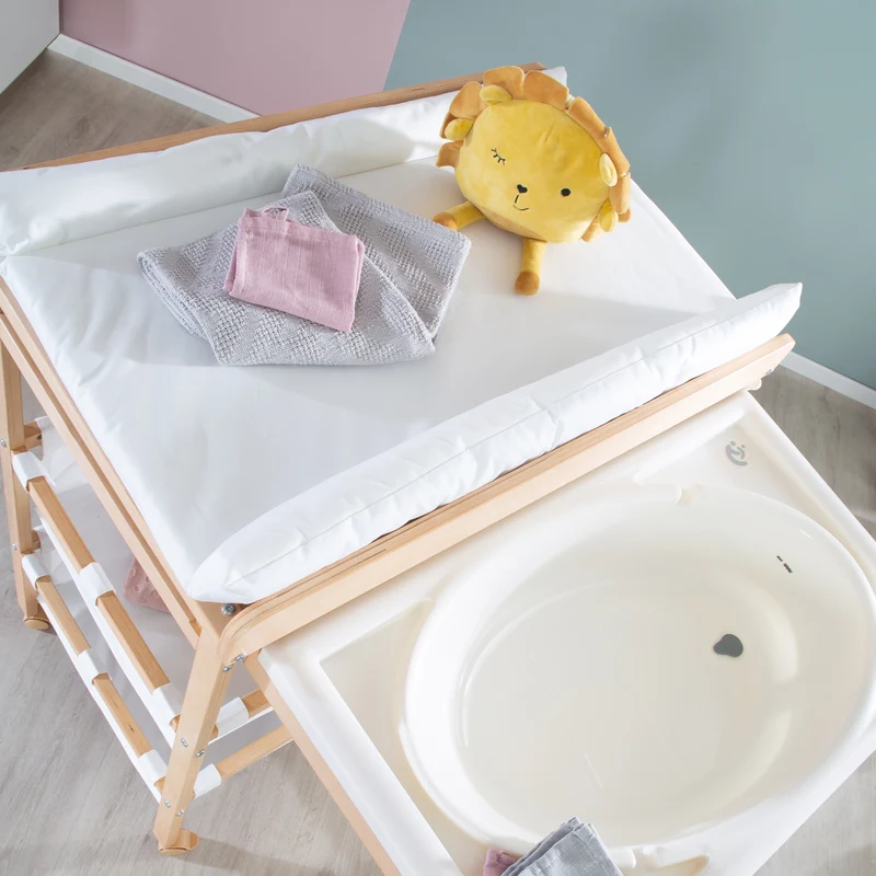 Bade-Wickel-Kombi 'Baby Pool', ausziehbar Tisch mit Badewanne, Holz natur, Auflage weiß