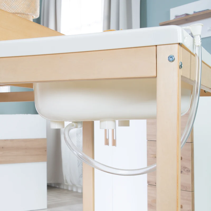 Bade-Wickel-Kombi 'Baby Pool', ausziehbar Tisch mit Badewanne, Holz natur, Auflage weiß