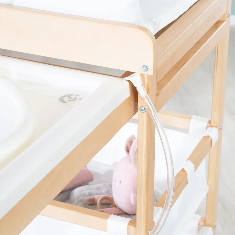 Bade-Wickel-Kombi 'Baby Pool', ausziehbar Tisch mit Badewanne, Holz natur, Auflage weiß