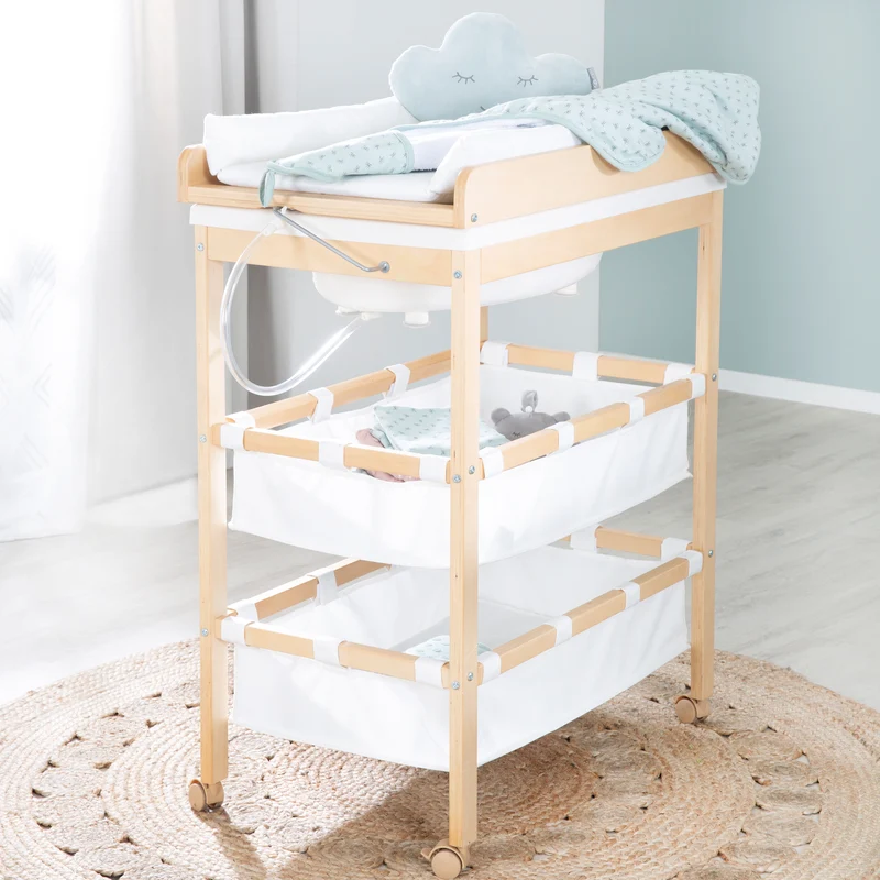 Bade-Wickel-Kombi 'Baby Pool', klappbarer Tisch mit Wanne, Holz natur, Wickelauflage weiß
