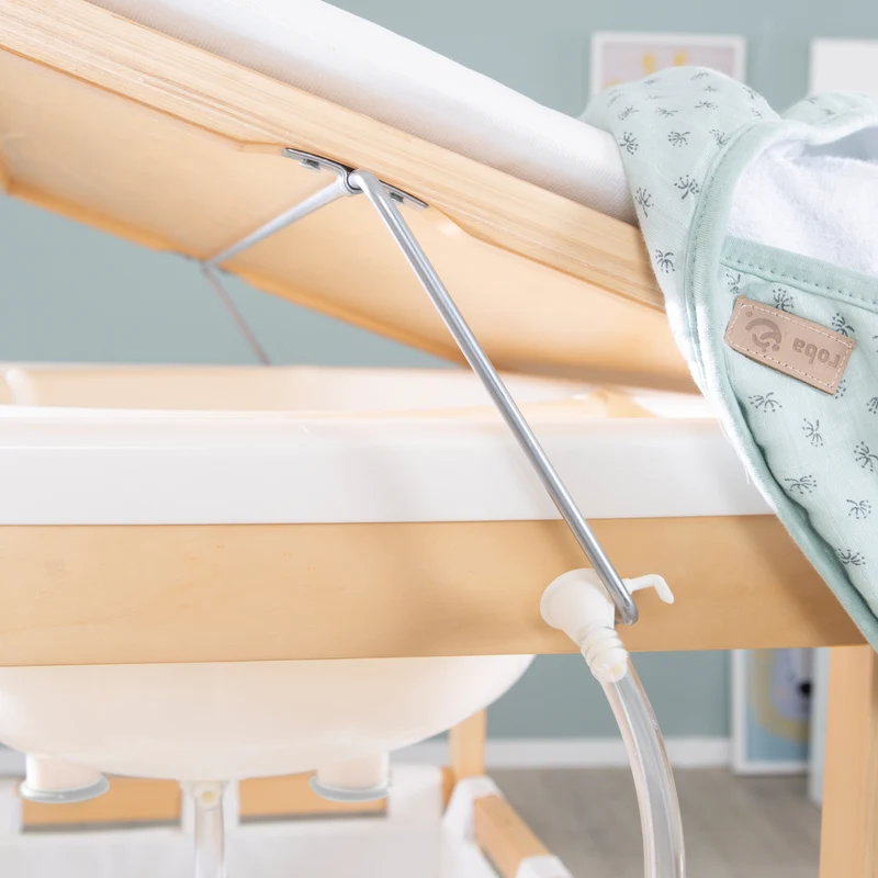 Bade-Wickel-Kombi 'Baby Pool', klappbarer Tisch mit Wanne, Holz natur, Wickelauflage weiß