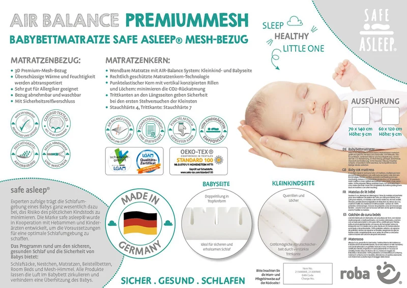 Babybettmatratze "safe asleep®" – Air Balance Premiummesh, 60 x 120 x 9 cm, optimales Schlafklima