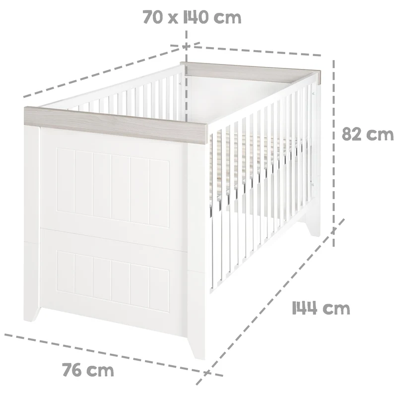 Kombi Kinderbett "Wilma", 70x140 cm, Babybett weiß / Luna Elm, höhenverstellbar, umbaubar zum Juniorbett