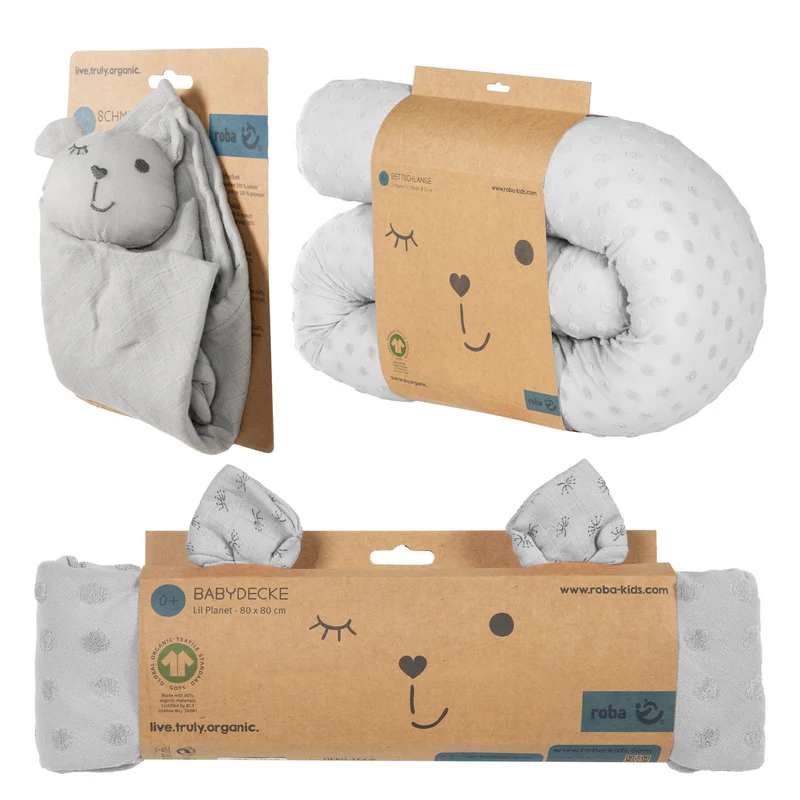 Geschenkset "Lil Planet" – silbergrau, Bio-Bettschlange, -Decke & -Schmusetuch, GOTS