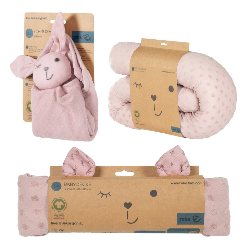 Geschenkset "Lil Planet" – rosa, Bio-Bettschlange, -Decke & -Schmusetuch, GOTS