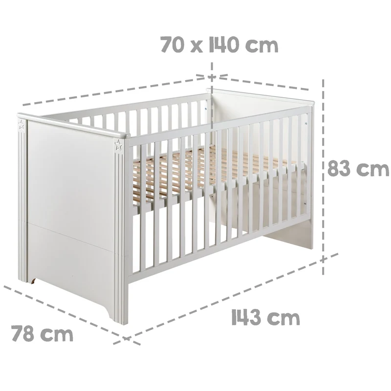 Möbelset "Maxi" – inkl. Kombi-Bett 70 x 140 cm, Wickelkommode & 3-türigem Kleiderschrank, weiß