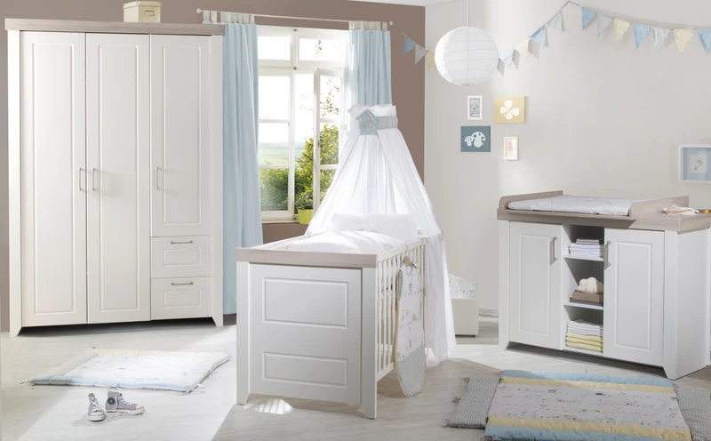 Zimmerset "Felicia" – inkl. Kombi-Bett 70 x 140 cm, Wickelkommode & 3-türigem Schrank, Luna Elm/weiß