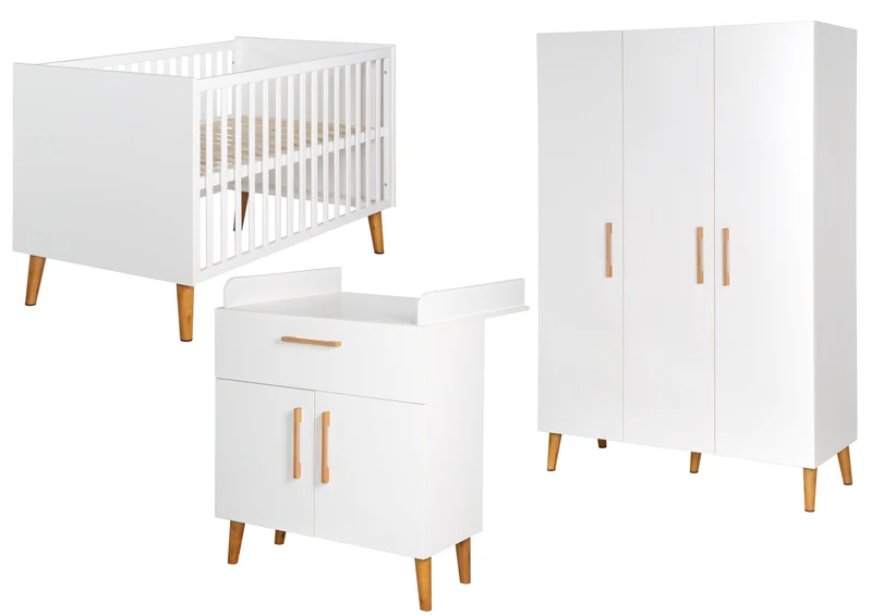 Zimmerset "Mick" – inkl. Kombi-Bett, Wickelkommode & 3-türigem Schrank, weiß/Goldeiche