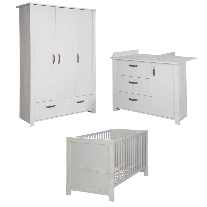 Zimmerset "Mila" – inkl. Kombi-Bett 70 x 140 cm, Wickelkommode & 3-türigem Schrank, grau/weiß