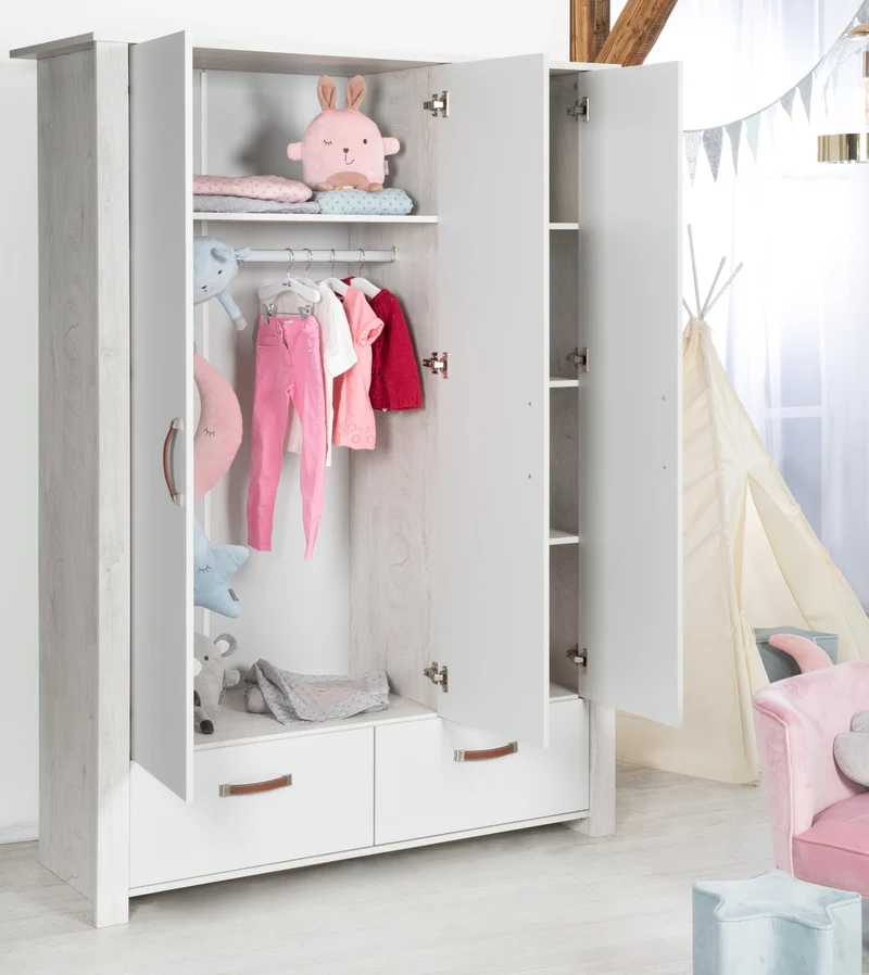 Zimmerset "Mila" – inkl. Kombi-Bett 70 x 140 cm, Wickelkommode & 3-türigem Schrank, grau/weiß