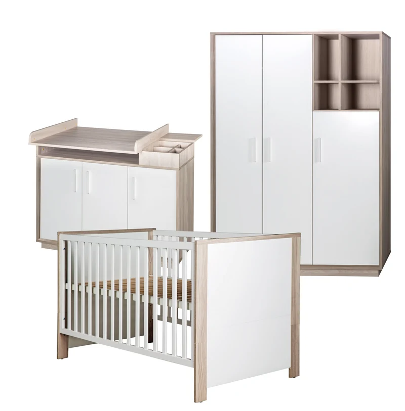Zimmerset "Olaf" – inkl. Kombi-Bett 70 x 140 cm, Wickelkommode & 3-türigem Schrank, Luna Elm/weiß