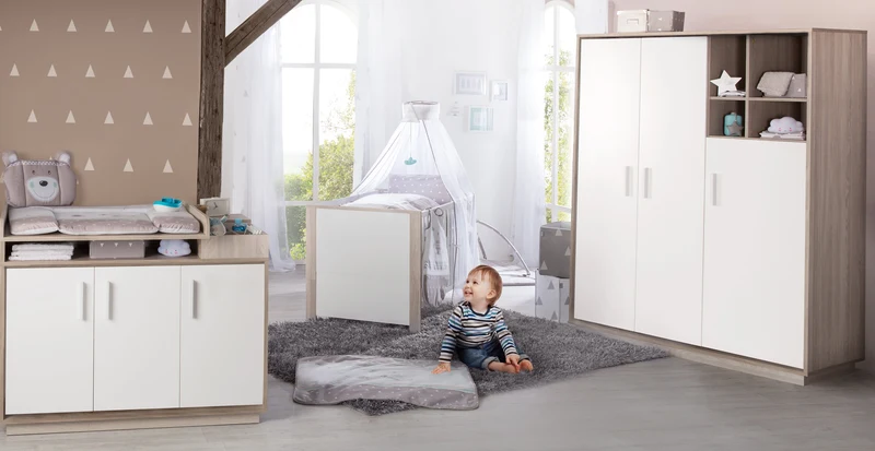 Zimmerset "Olaf" – inkl. Kombi-Bett 70 x 140 cm, Wickelkommode & 3-türigem Schrank, Luna Elm/weiß