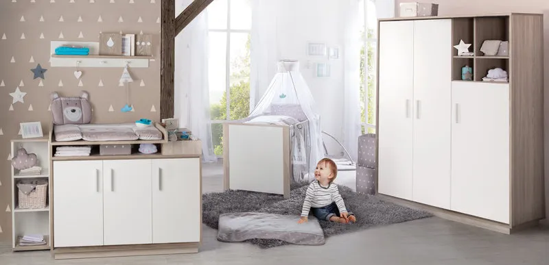 Zimmerset "Olaf" – inkl. Kombi-Bett 70 x 140 cm, Wickelkommode & 3-türigem Schrank, Luna Elm/weiß